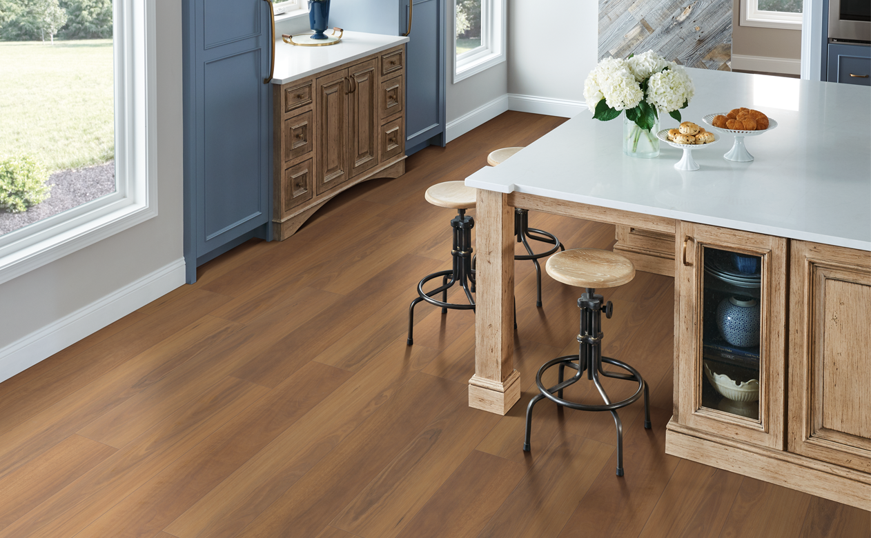 medium toned wood look vinyl flooring in kitchen