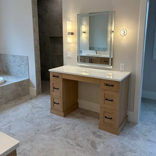 Residential tile flooring installation with bathroom vanity 